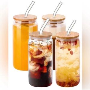 Set of 4 Glass Mason Jars with Bamboo Lids & Glass Straws - Clear